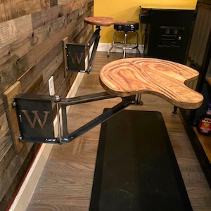 Metal Swing Away Bar Stool With Wooden Seat  - Round or Tractor Seat - 12.5&quot; Swing Arm - Personalized Monogram Design