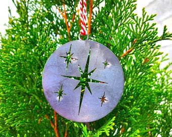 Mid Century Modern Starburst Ornament - Retro Atomic Star Tree Decor - Heavy Duty Steel Christmas Bauble - Round Metal Art
