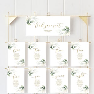 Eucalyptus groen tabel zitplaatsen grafiek, zitplaatsen grafiek sjabloon, zitplaatsen posterkaarten, tabel zitplaatsen grafiek afdrukbare download, zitplaatsen plan