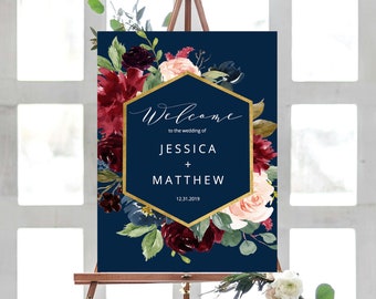 Welcome Sign, Wedding Sign, Navy Blue, Printable Wedding, Wedding Welcome Sign, Template PDF, TEMPLETT, Instant Download, Navy Blue Sign