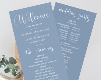 Dusty Blue Wedding Program Template, Blue Printable Order of Service, Instant Download, Editable Wedding Program, Printable PDF