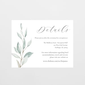 Cartão de detalhes do casamento, modelo de cartão de cerco, cartão de informações, cartão de site de casamento boho verde, cartão de inserção de casamento, cartão de acomodação
