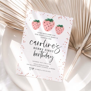 Berry First Birthday Invitation, Editable Strawberry Birthday Invite, First Birthday Girl, Berry Sweet, Phone Evite 1st Birthday Invite