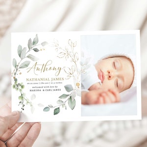 Anuncio de nacimiento de bebé con foto de Greenery, niño o niña de bienvenida, Hola Mundo, nueva tarjeta fotográfica de bebé, tarjeta de anuncio de recién nacido