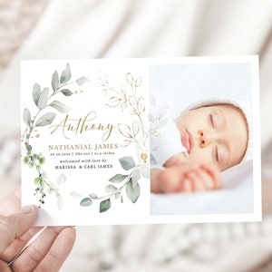 Greenery Photo Baby Birth Announcement, Welcome Baby Boy or Baby Girl, Hello World, New Baby Photo Card, Newborn Announcement Card