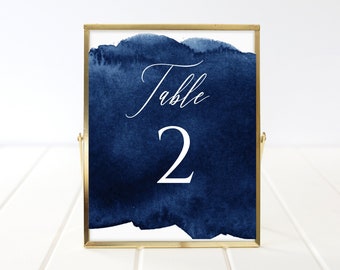 Navy Blue Table Numbers Template, Watercolor Modern Table Cards, Table Number for Wedding, 5x7 Wedding Table Numbers, Blue Wedding