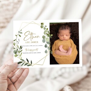 Greenery Photo Baby Birth Announcement, Welcome Baby Boy or Baby Girl, Hello World, New Baby Photo Card, Newborn Announcement Card