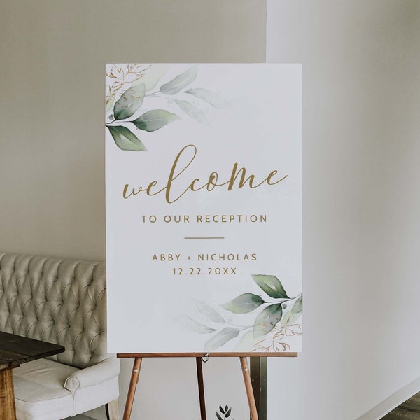 Greenery and Gold Welcome Sign for Wedding, Boho Printable Reception Sign, Boho Watercolor Instant Download, Editable PDF in Templett