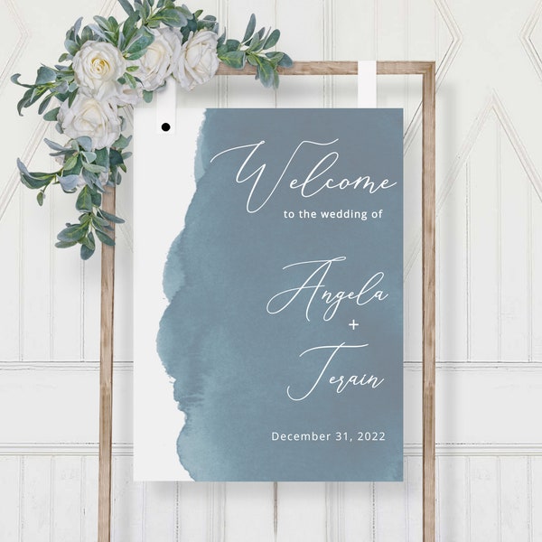 Dusty Blue Welcome Sign, Printable Wedding Sign, Reception Sign Wedding, Watercolor Template, Instant Download, Templett, Editable PDF