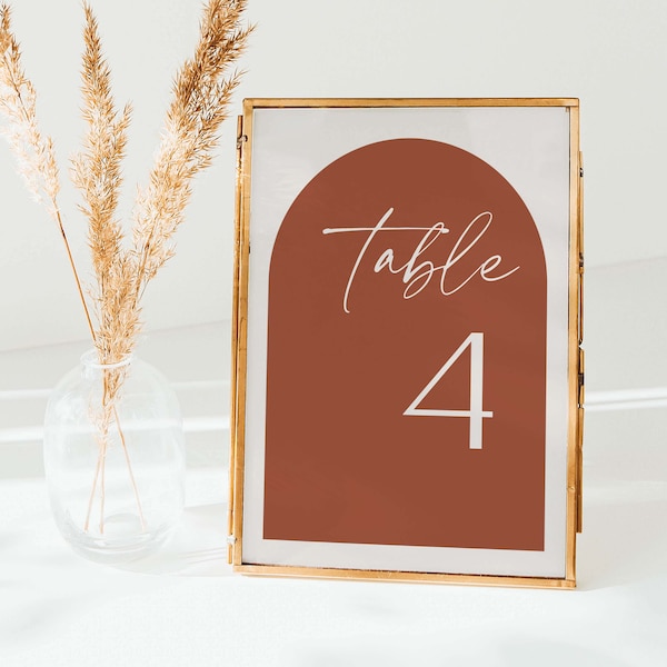 Terra Cotta Table Number Cards, Burnt Orange Rust Table Numbers for Wedding, Boho Seating Table Numbers for Shower, 5x7 Modern Table Numbers