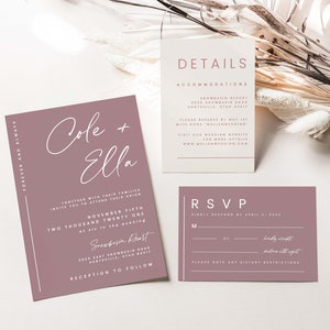 Dusty Rose Wedding Invitation Suite Template, Earthy Boho Modern Simple, Printable Details RSVP, Romantic Mauve Minimalist Invite, DR1INVT