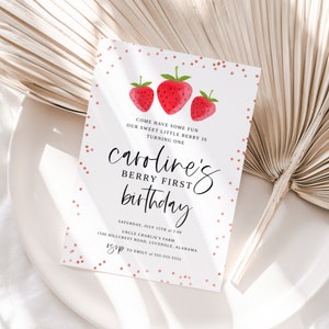Berry First Birthday Invitation, Editable Red Strawberry Birthday Invite, First Birthday Girl, Berry Sweet, Phone Evite 1st Birthday Invite