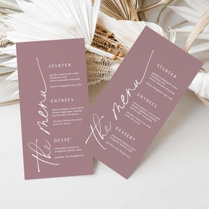 Dusty Rose Hochzeitsmenü, moderne Menükarten, minimalistische Menüvorlage, Babypartymenü, Taufemenü, Geburtstagsmenü, bearbeitbare Vorlage