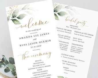Wedding Program Template, Eucalyptus Program for Wedding, Rustic Order of Service, Greenery Ceremony Program Template, Instant Download