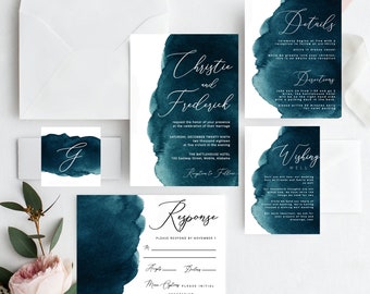 Teal Green Watercolor Wedding Invitations,  Printable Wedding Template, Instant PDF Download, Editable Invitation Suite, Modern Invite