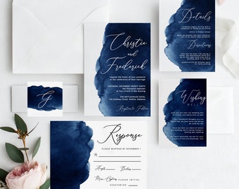 Navy Blue Watercolor Wedding Invitations, Printable Wedding Invite Template, Instant PDF Download, Editable Invitation Suite, Modern Invite