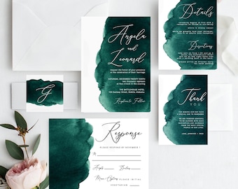 Emerald Green Watercolor Wedding Invitations,  Printable Wedding Template, Instant PDF Download, Editable Invitation Suite, Modern Invite