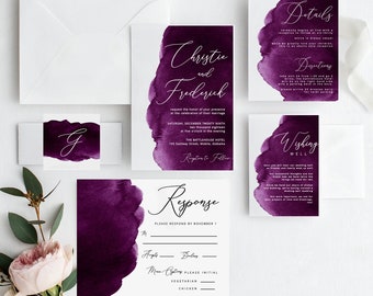 Purple Watercolor Wedding Invitations, Plum Printable Wedding Template, Instant PDF Download, Editable Invitation Suite, Modern Invite