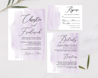 Inviti di nozze acquerello lavanda, modello di matrimonio stampabile, download istantaneo di PDF, suite di inviti modificabili, invito moderno viola