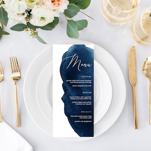 Marineblauw afdrukbaar menu, aquarel afdrukbare menukaarten, menusjabloon, bruiloftsmenu, bruiloftsmenukaarten, menukaarten, bewerkbaar in Templett