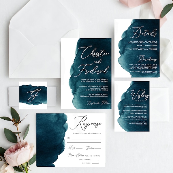 Teal Green Watercolor Wedding Invitations,  Printable Wedding Template, Instant PDF Download, Editable Invitation Suite, Modern Invite