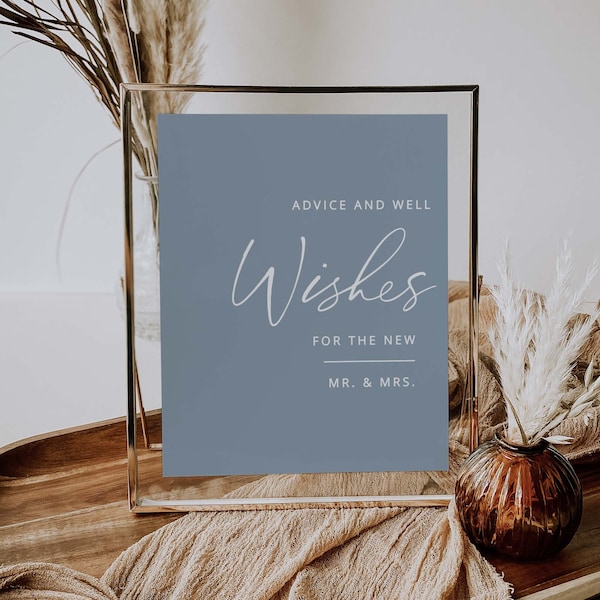 Dusty Blue Advice and Well Wishes Printable Template, Modern Minimalist Advice Template, Dusty Blue Wedding Sign, Well Wishes for the Couple