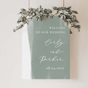 Sage Green Welcome Sign for Wedding, Light Green Printable Reception Sign, Pale Green Watercolor Instant Download, Editable PDF in Templett