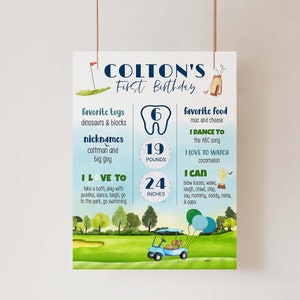 Poster di compleanno di pietra miliare del golf, cartello alla lavagna per il primo compleanno di Hole in One, ragazzo del compleanno di Masters Golf, festa di golf per il 1° compleanno, put put 1st