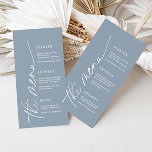 Dusty Blue Wedding Menu, Nowoczesne karty menu, Minimalistyczny szablon menu, Menu na baby shower, Menu na chrzest, Menu urodzinowe, Edytowalny szablon