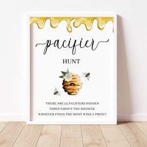 Pacifier Hunt Bee Sign, Bee Baby Shower Game, Printable Find the Pacifier Shower Game Card, Pacifier Hunt Baby Shower Game, Bee Game Sign