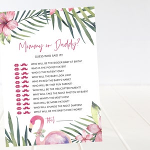 Pink Flamingo Guess Who Said It Baby Shower Game, Mommy or Daddy Printable Shower Game Card, Tropical Aloha Summer, Flamingle, FLAMINGOINV1