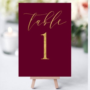 Burgundy and Gold Table Numbers, Printable Table Numbers, Gold Table Numbers, Wedding Table Numbers, Table Numbers, Instant Download, PDF