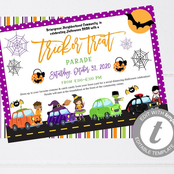 Editable Halloween Drive By Trick or Treat Parade, Trunk or Treat Flyer, Halloween Invitation, School PTO Church Flyer, Instant Download