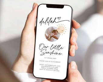 Erste Reise um die Sonne Editierbare Evite | Unser kleiner Sonnenschein wird eins | Sunshine Digital Invite | Boho Sonnenschein | Du bist mein Sonnenschein