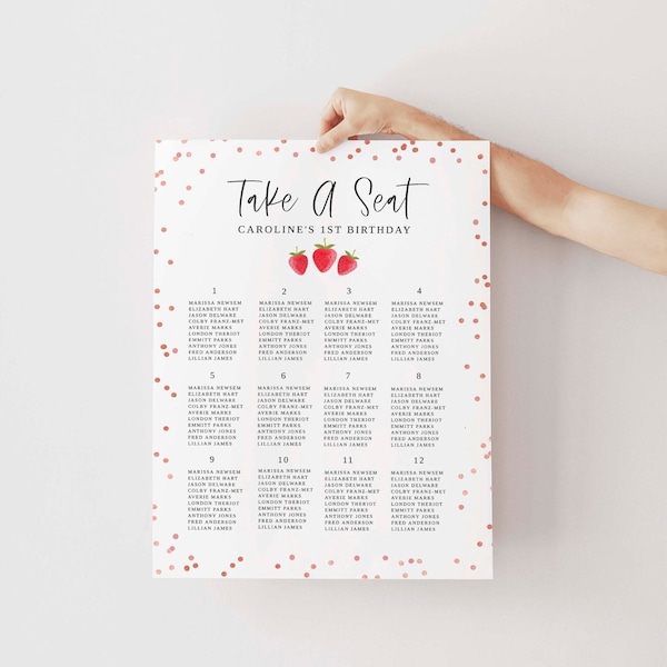 Red Strawberry 1st Birthday Seating Chart, Editable Berry Birthday Seating Plan, First Birthday Girl, Berry Sweet Seating Poster, BERRYINV1