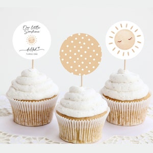 Our Little Sunshine Cupcake Toppers| Boho Sunshine Birthday Round Cupcake Toppers or Stickers | 1st Birthday Party Decor | First Trip Sun