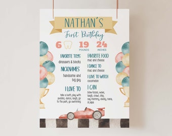 Race Car Milestone Birthday Poster, Fast One Birthday Chalkboard Sign, First Year Around the Track, Race Party 1st Birthday Milestone