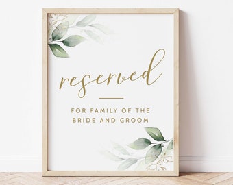 Reserved for the Family of Bride and Groom Sign, Reserved Sign Wedding, Printable Wedding Sign, Greenery Wedding Sign, Wedding Decor Sign