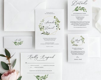 Eucalyptus Wedding Invitation Template, Garden Greenery Wedding, Botanical Wedding, Invitation Suite Printable, PDF Instant Download