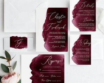 Burgundy Watercolor Wedding Invitations,  Merlot Printable Wedding Template, Instant PDF Download, Editable Invitation Suite, Modern Invite