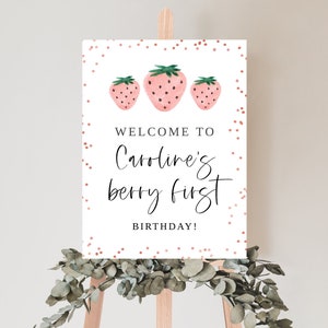 Berry First Birthday Welcome Sign, Editable Strawberry Birthday Welcome Poster, First Birthday Girl, Berry Sweet, 1st Birthday Welcome