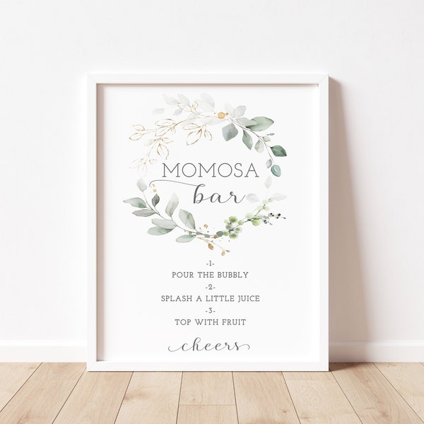 Momosa Bar Sign Printable for Baby Shower, Greenery Eucalyptus Mimosa Bar Sign Template, Baby Shower Bubbly, 5x7, 8x10, Instant Download