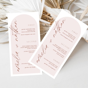 Gewölbte Blush Terrakotta Menükarte, druckbare moderne Menükarte für Hochzeit / Braut / Babyparty, Menükarten, Let's Eat Menü, Bon Appetit