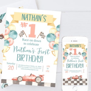 Race Car 1st Birthday Invitation, Editable Fast One Birthday Invite, Boy Birthday Invite, Retro Race Car Birthday Invitation, Race Car Theme
