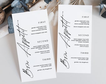 Bon Appetit Minimalist Menu Card, Printable Modern Dinner Card for Wedding / Bridal / Baby Shower, Menu Cards, Let's Eat Menu, Let's Dine