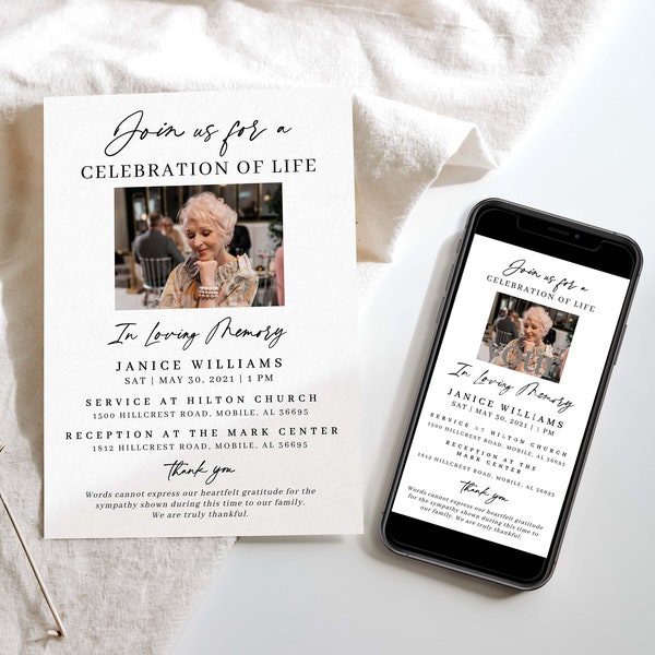 Memorial Invite, Funeral Announcement Card, Celebration of Life Electronic Funeral Invitation,Photo Funeral Template, Funeral Digital Invite