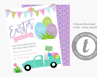 Editable Easter Egg Hunt Flyer, PTO PTA Printable Easter Party Event Invite, Kids Church Community Easter Bunny, Instant Download