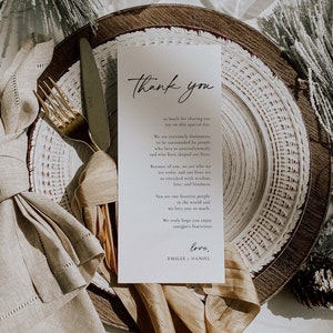 Minimalistische Hochzeit Tisch Danke Vorlage, Danke Serviette Notiz, druckbare Danke, Gedeck Danke, bearbeitbar Sofort Download