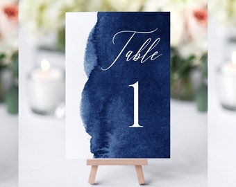 Navy Blue Table Numbers Template, Watercolor Modern Table Cards, Table Number for Wedding, 5x7 Wedding Table Numbers, Blue Wedding