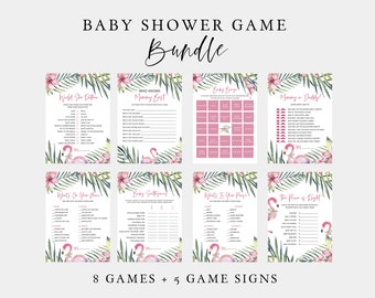 Pink Flamingo Baby Shower Game Bundle, Printable Baby Shower Game Cards & Signs, Editable Tropical Aloha Summer, Flamingle, FLAMINGOINV1